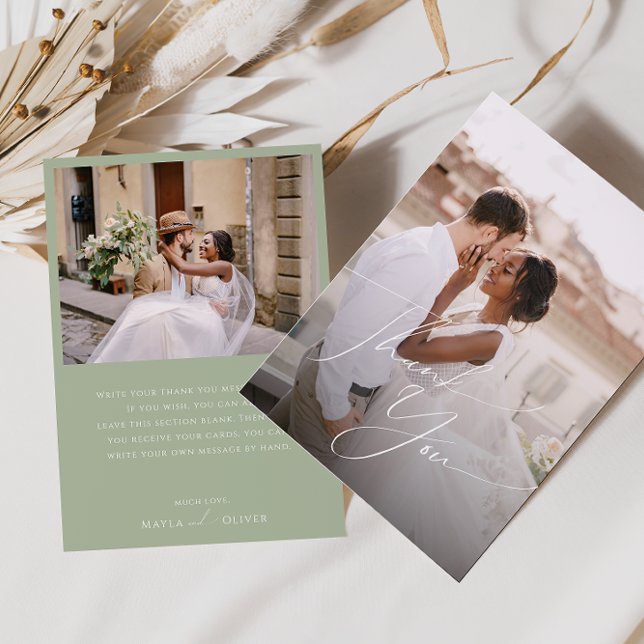 Whimsical Script | Sage Green Flat Photo Thank You Card (Creator Uploaded)