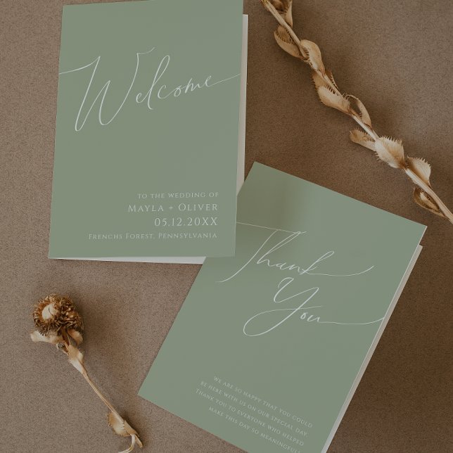 Whimsical Script | Sage Green Folded Wedding Programme (Creator Uploaded)