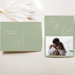 Whimsical Script   Sage Green Photo Save The Date Invitation Postcard
