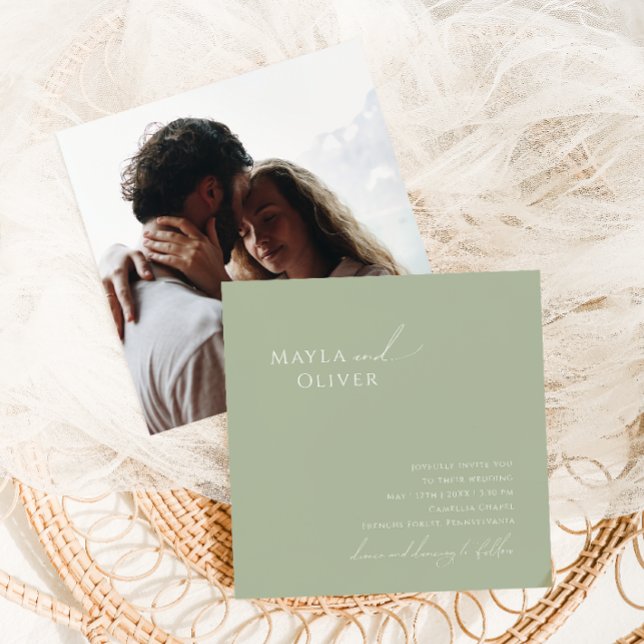 Whimsical Script | Sage Green Photo Square Wedding Invitation (Creator Uploaded)