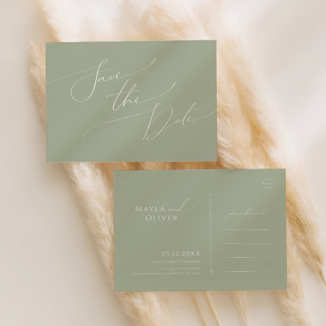 Whimsical Script | Sage Green Save The Date Invitation Postcard (Creator Uploaded)