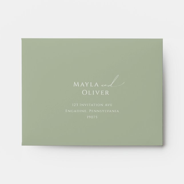 Whimsical Script | Sage Green Self Addressed RSVP Envelope (Front)