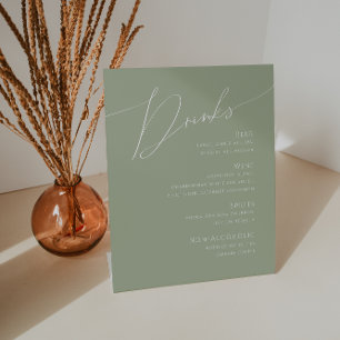Whimsical Script Sage Green Wedding Drinks Menu Pedestal Sign