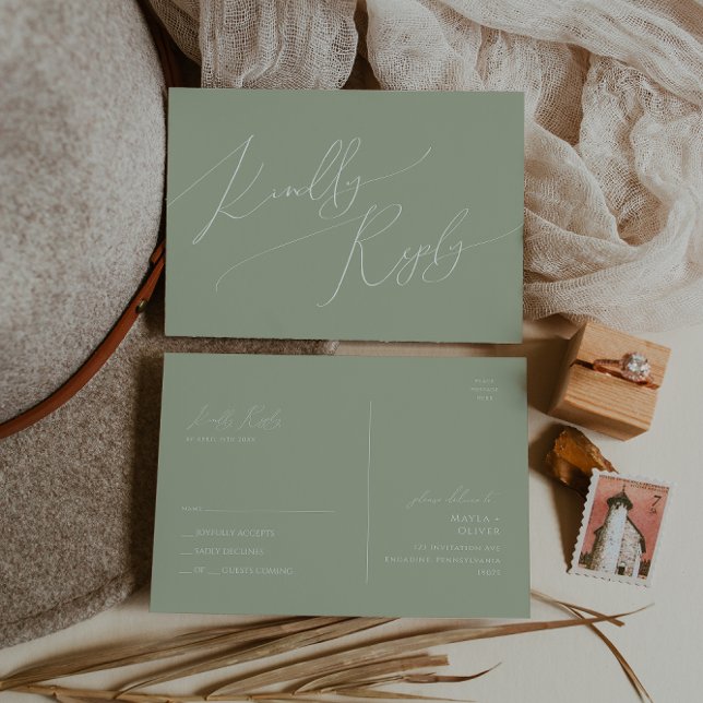 Whimsical Script | Sage Green Wedding RSVP Postcard (Creator Uploaded)
