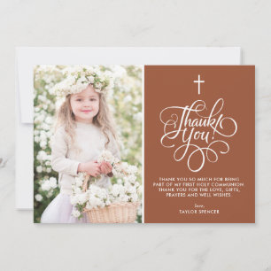 Whimsical Script Terracotta First Communion Photo Thank You Card
