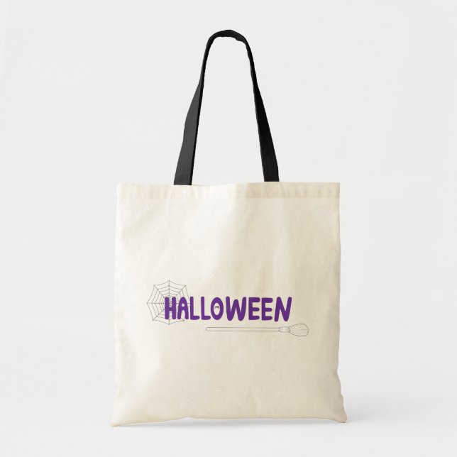 Whimsical Script with Spider Web and Magic Broom Tote Bag (Front)