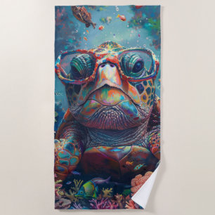 Whimsical Sea Turtle Underwater Scene Bright Colou Beach Towel