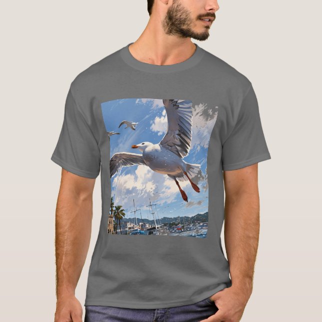 Whimsical Seagull with Sardine: Playful Illustrati T-Shirt (Front)