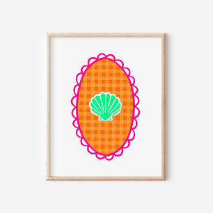 Whimsical Seashell Orange Gingham & Sea Green Poster