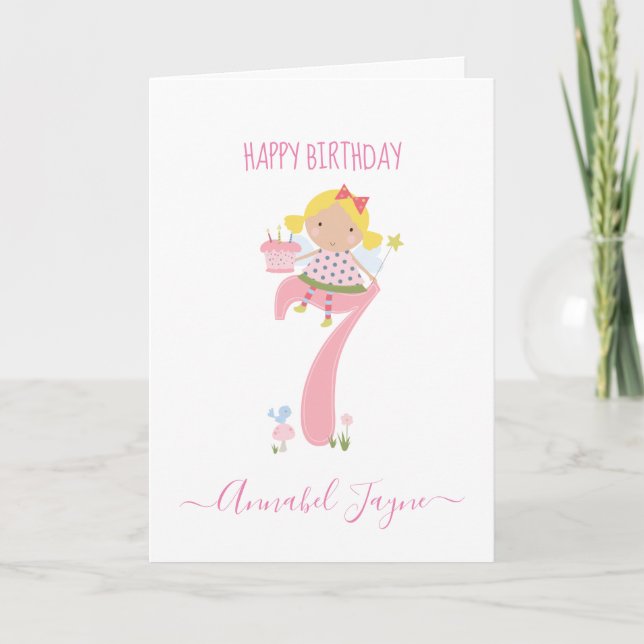 Whimsical Seventh birthday fairy cute pink Card (Front)