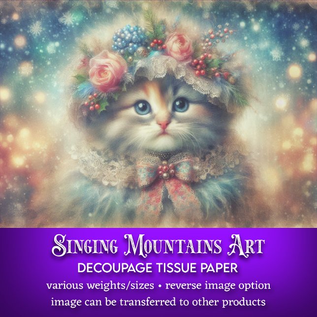 Whimsical Shabby Chic Winter Cat Decoupage Tissue Paper (Creator Uploaded)