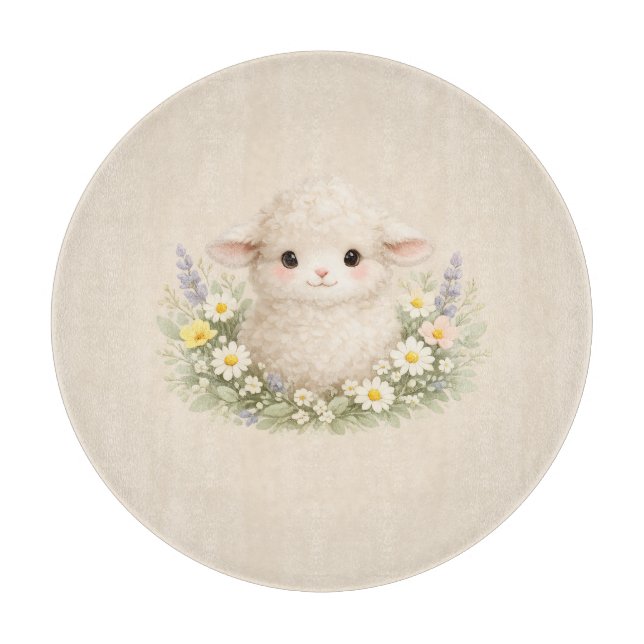 Whimsical Sheep and Wildflowers for a Charming Cutting Board (Front)