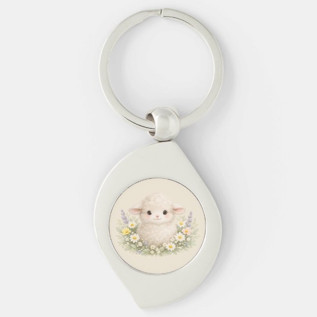 Whimsical Sheep and Wildflowers for a Charming Key Ring (Front)