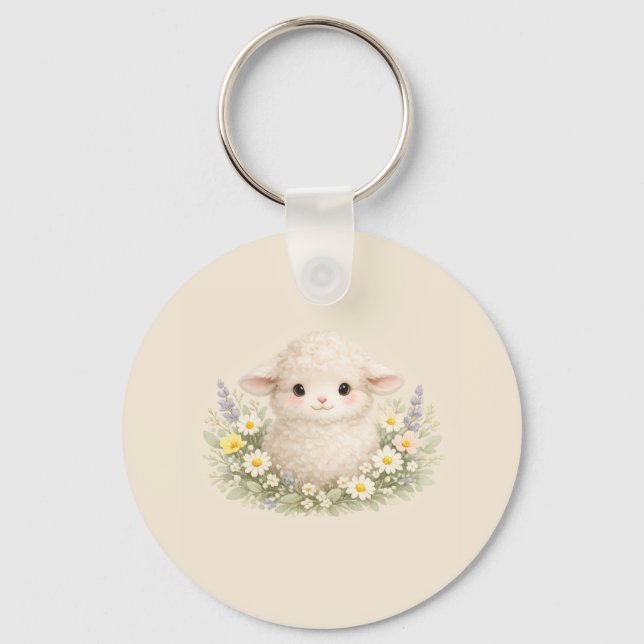 Whimsical Sheep and Wildflowers for a Charming Key Ring (Front)