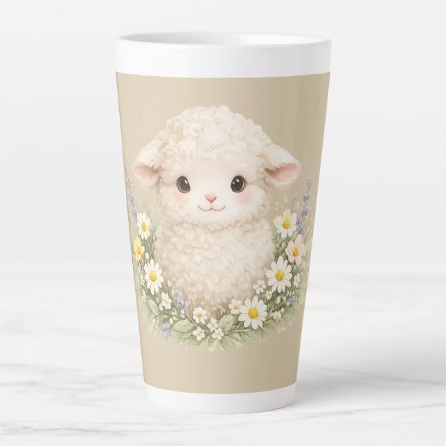 Whimsical Sheep and Wildflowers for a Charming Latte Mug (Front)