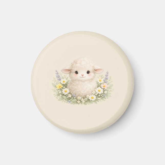 Whimsical Sheep and Wildflowers for a Charming Magnet (Front)