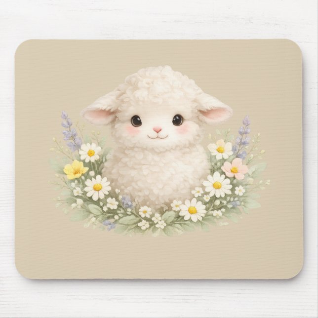 Whimsical Sheep and Wildflowers for a Charming Mouse Pad (Front)