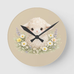 Whimsical Sheep and Wildflowers for a Charming Round Clock