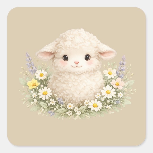 Whimsical Sheep and Wildflowers for a Charming Square Sticker (Front)