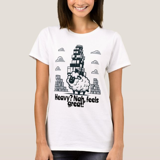 Whimsical Sheep Carrying Tower of Boxes T-Shirt (Front)