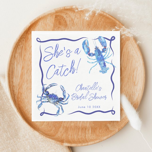 Whimsical She's a Catch Blue Coastal Bridal Shower Napkin (Creator Uploaded)