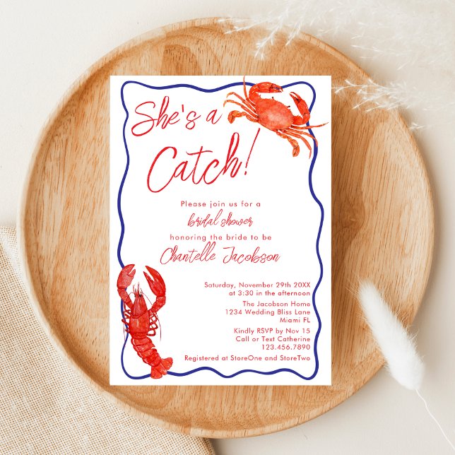 Whimsical She's a Catch Red Coastal Bridal Shower Invitation (Creator Uploaded)
