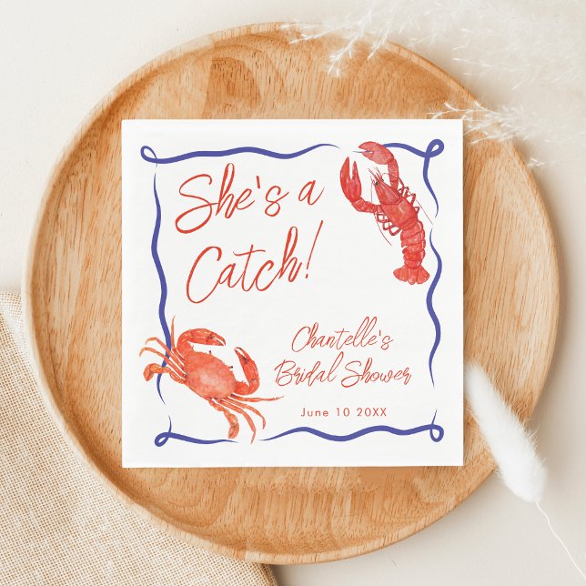 Whimsical She's a Catch Red Coastal Bridal Shower Napkin (Creator Uploaded)