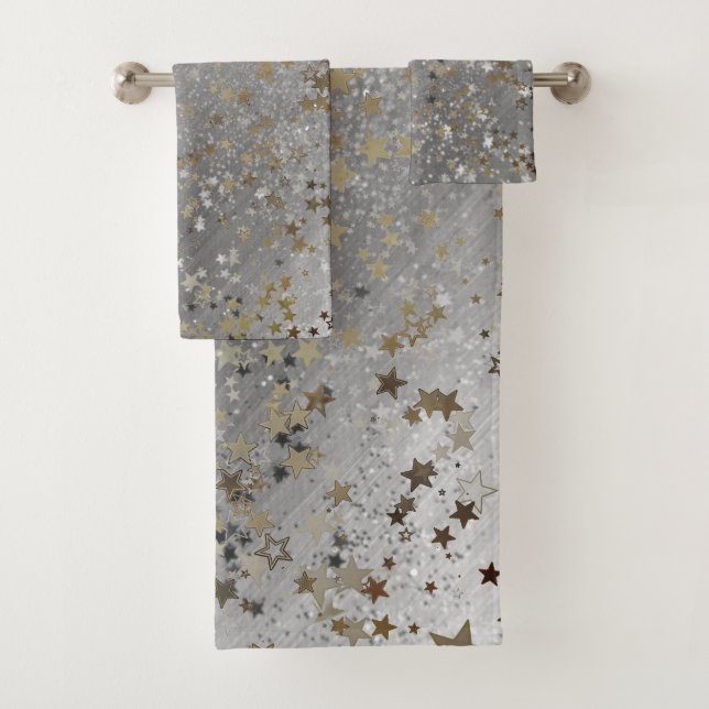 Whimsical Shimmery Gold Silver Stars on Silver Bath Towel Set (Insitu)