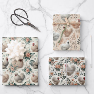 Whimsical Silkie Chicken Set of 3 Flat Wrapping Paper Sheet