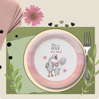 Whimsical Silly Goose 1st Birthday Paper Plates 