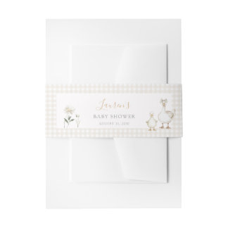 Whimsical Silly Goose Beige Gingham Baby Shower Invitation Belly Band