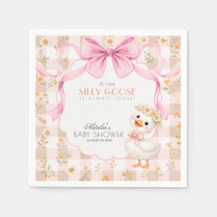 Whimsical Silly Goose Pink Gingham Baby Shower Napkin