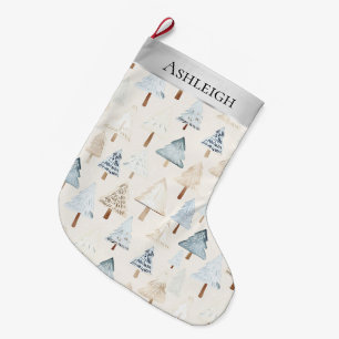 Whimsical Silver Blue Cream Christmas Trees Large Christmas Stocking