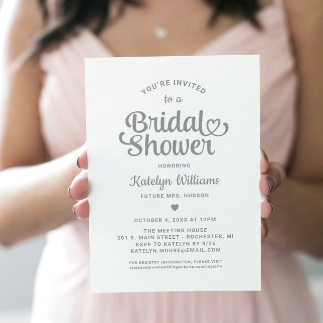 Whimsical Silver Heart Script Bridal Shower Invitation (Creator Uploaded)