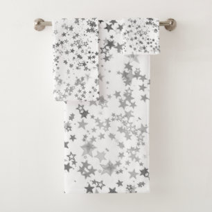 Whimsical Silver Stars on White Bath Towel Set