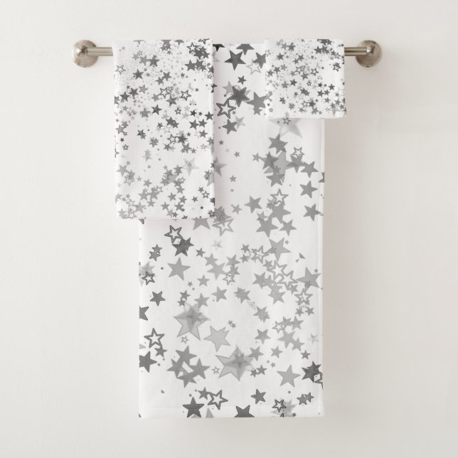 Whimsical Silver Stars on White Bath Towel Set (Insitu)