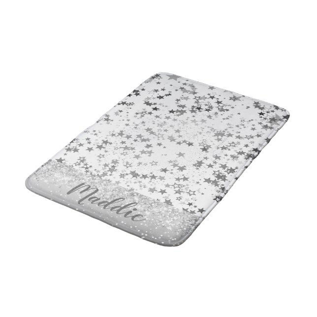 Whimsical Silver Stars on White Personalised Bath Mat (Angled)