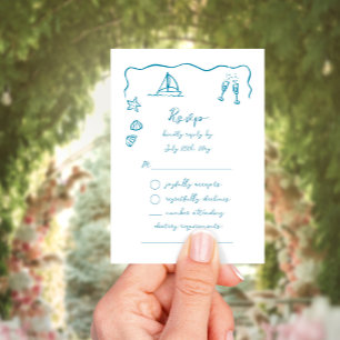 Whimsical Simple Hand Drawn Blue Beach Theme RSVP Card
