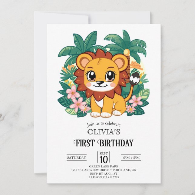 Whimsical Simple Lion 1st Birthday Digital Invitation (Front)