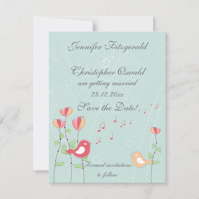 Whimsical Singing Birds with Flowers Save the Date Invitation (Front)