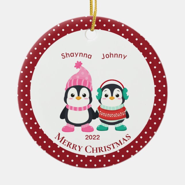 Whimsical Sister & Brother Penguins Personalised   Ceramic Tree Decoration (Front)