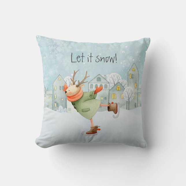 Whimsical Skating Deer Let It Snow Holiday Cushion (Front)