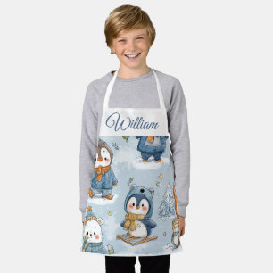 Whimsical Skating Penguins Kids Apron Custom Nam