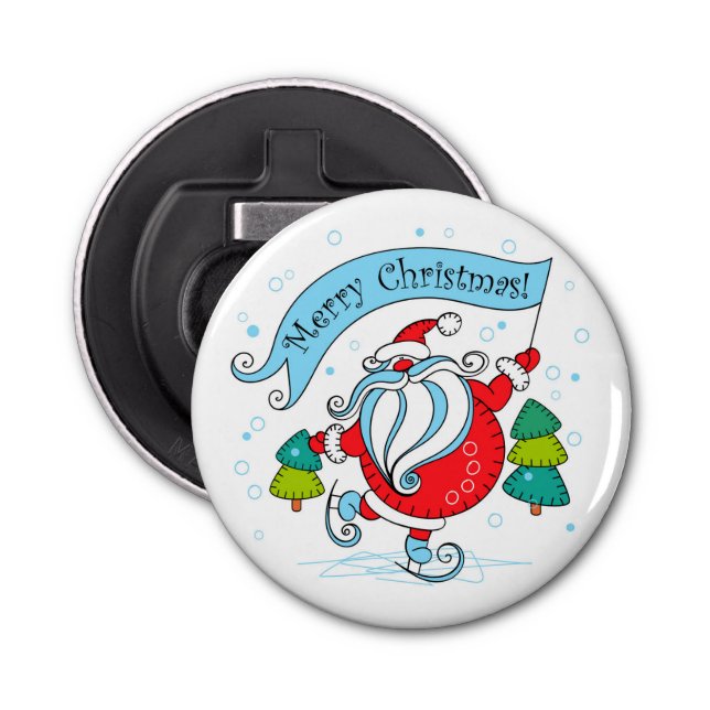 Whimsical Skating Santa Claus | Merry Christmas Bottle Opener (Front)