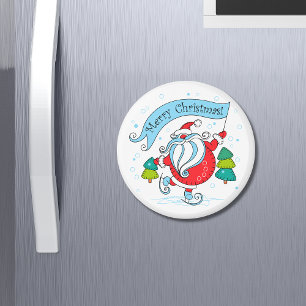 Whimsical Skating Santa Claus   Merry Christmas Magnet