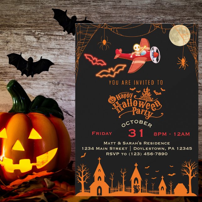 Whimsical Skeleton Flying Aeroplane Halloween Part Invitation (front)