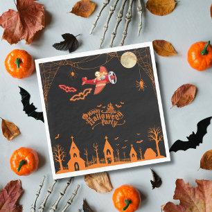 Whimsical Skeleton Flying Aeroplane Halloween Part Napkin