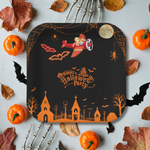 Whimsical Skeleton Flying Aeroplane Halloween Part Paper Plate