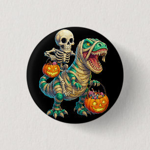 Whimsical Skeleton Riding Mummy T-Rex Halloween 3 Cm Round Badge