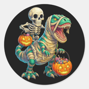Whimsical Skeleton Riding Mummy T-Rex Halloween  Classic Round Sticker